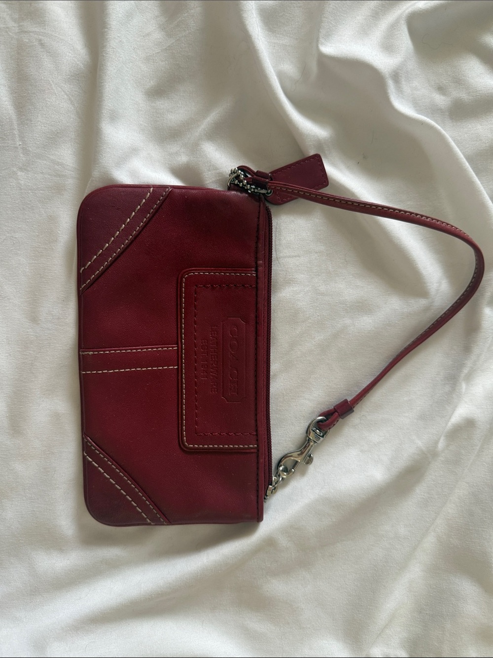 Coach Red Leather Wristlet with Contrast Stitching